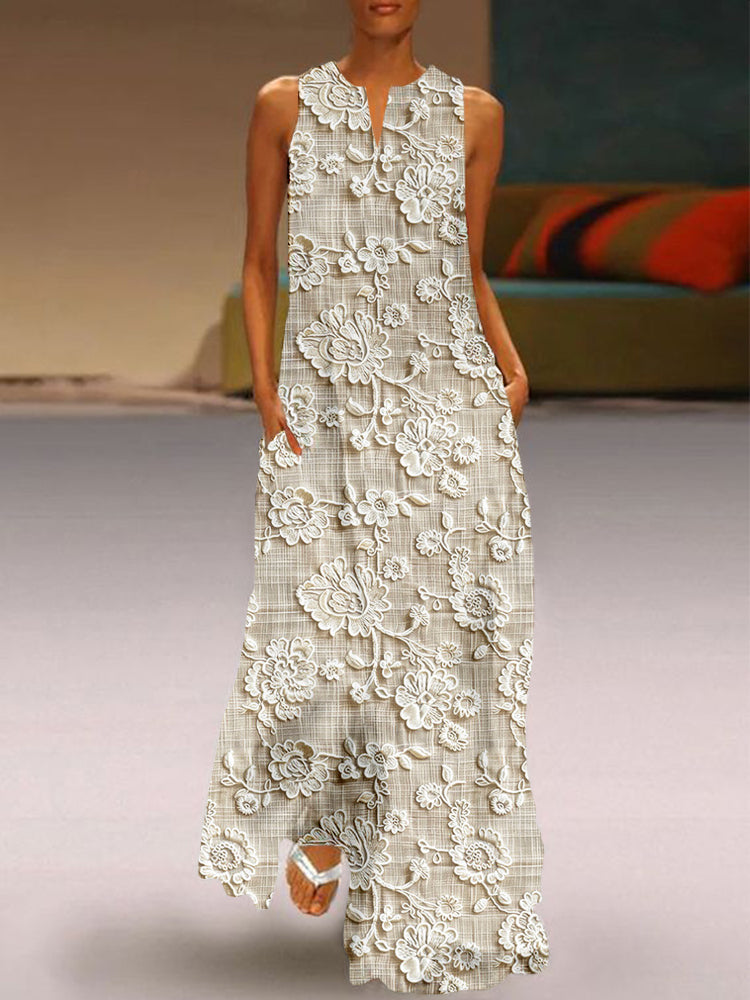 Vintage Floral Dress - Sleeveless Embroidered Maxi With Pockets | Summer Casual