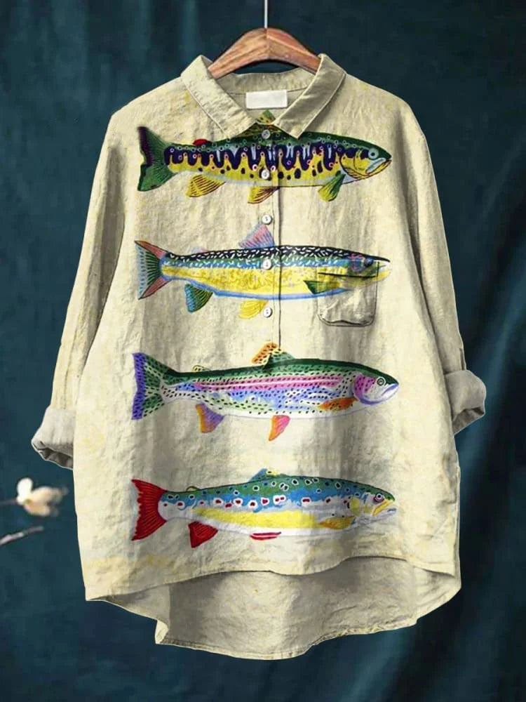 Fish Art Shirt – Artistic Print Long Sleeve Casual Top With Breathable Fabric