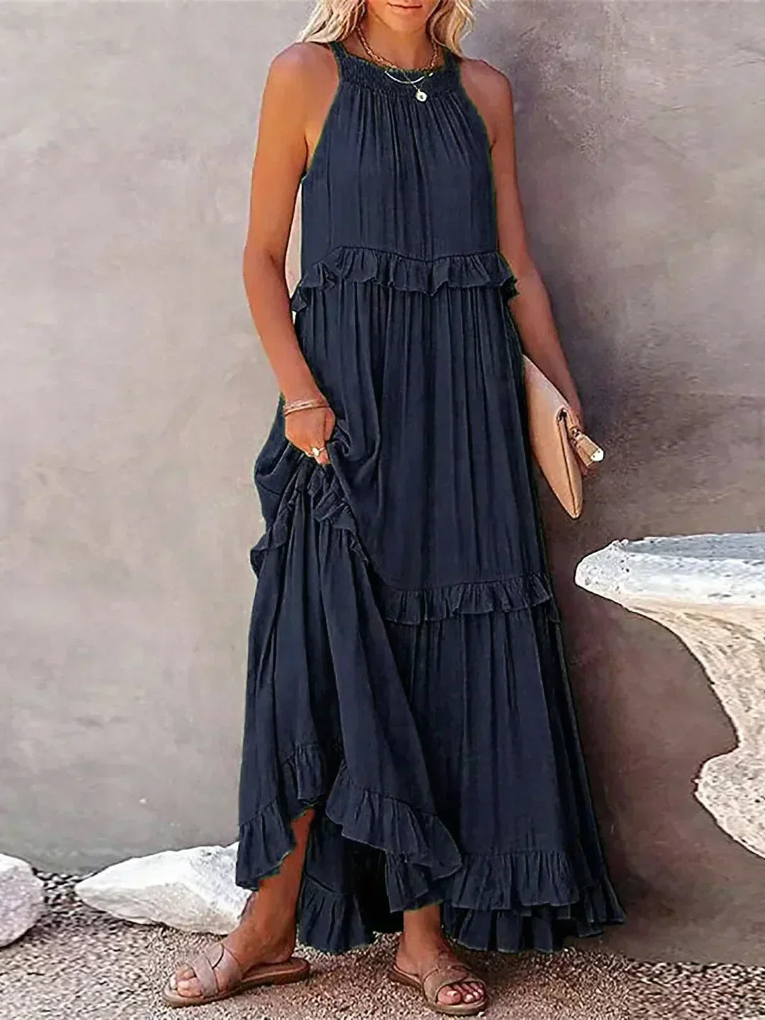 Halter Ruffle Maxi Dress – Elegant Bohemian Flowy Summer Dress With Ruffle Hem