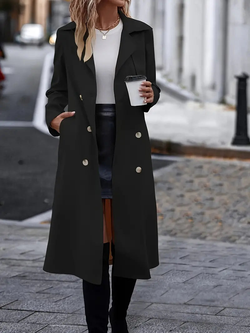 Women's Black Trench Coat – Classic Long Tailored Waist Belt Coat for Autumn