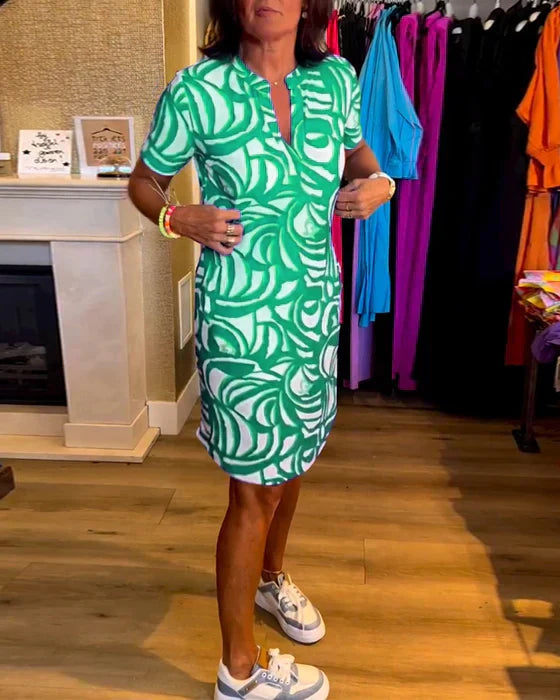 Colorful Dress - V-Neck A-Line Summer Dress With Lantern Puff Sleeves