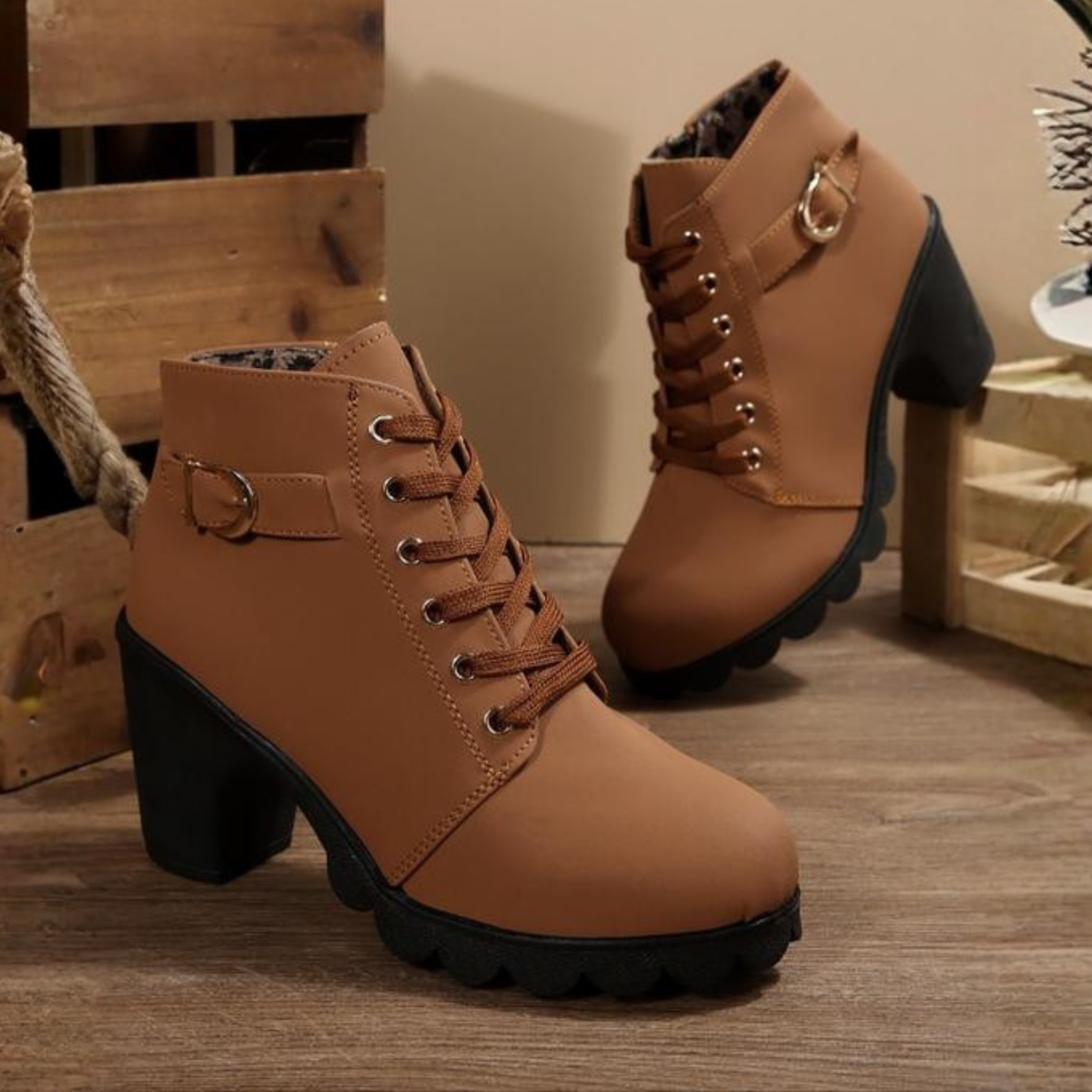 Chunky Ankle Boots | Lace-Up Metal Buckle Stylish Leather Footwear for Women