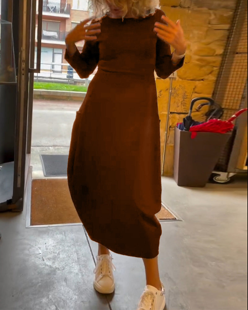 Round Neck Pocket Dress – Elegant Midi Dress With Functional Pockets For Women