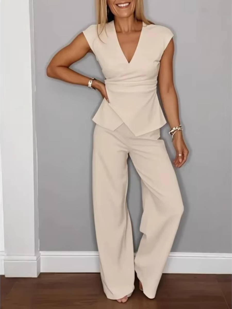 Elegant Women's Set – V-Neck Top and Tailored Trousers with Gold-Tone Buttons