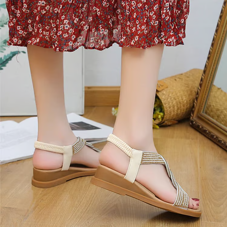 Rhinestone Wedge Sandals - Comfortable 4cm Heel Women's Summer Shoes