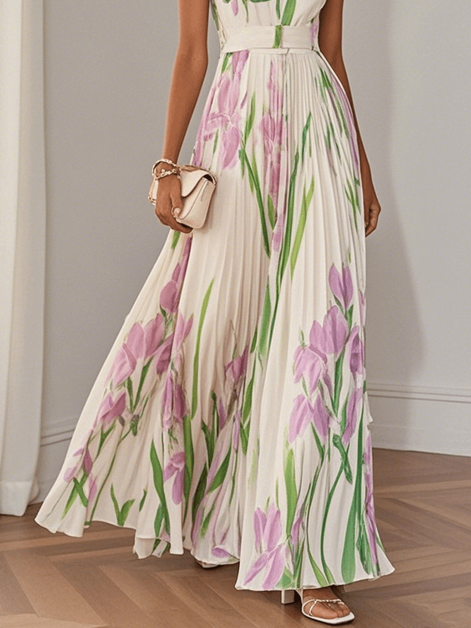 Pleated Floral Maxi Dress – Elegant Chiffon Sleeveless A-Line Silhouette