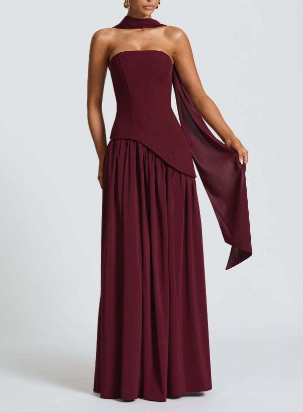 Strapless Slit Gown – Elegant Maxi Dress With Ribbon Detail & Satin Blend Fabric