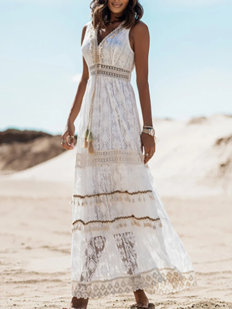 Boho Midi Dress - Elegant V Neck Lined Bohemian Summer Dress by Liora's Boutique