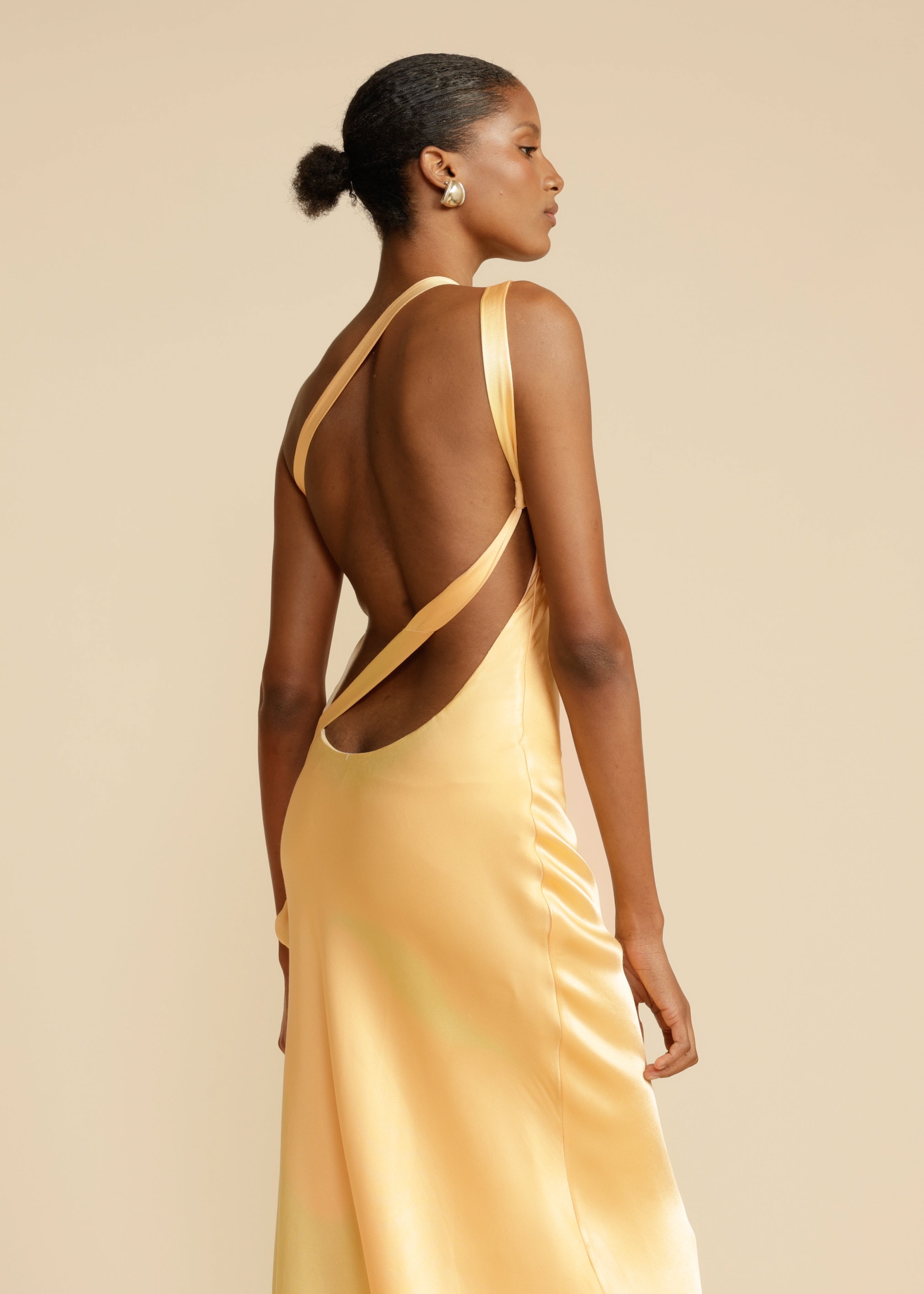 Maxi Dress | Golden One Shoulder Dress With Open Back & Adjustable Strap