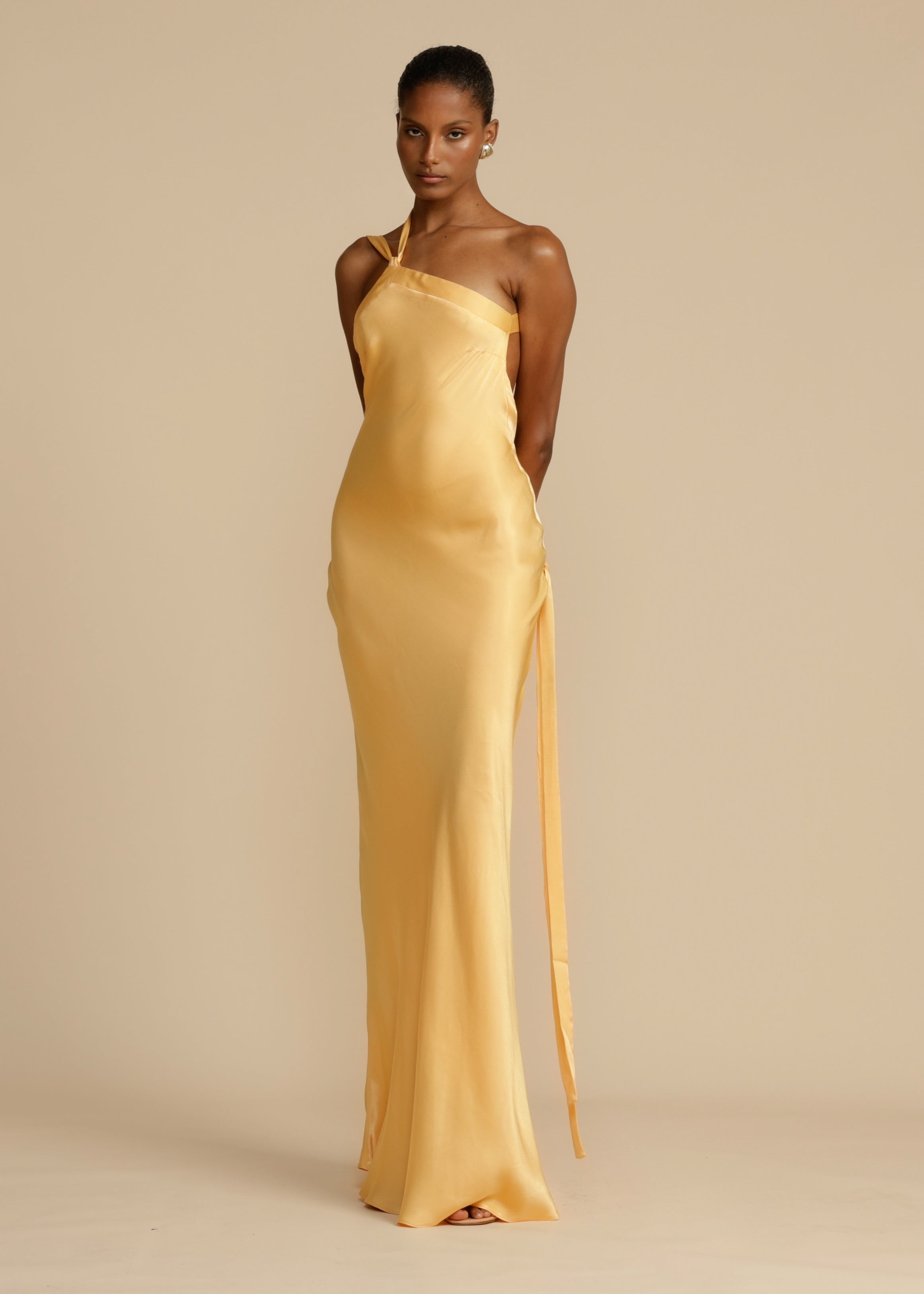 Maxi Dress | Golden One Shoulder Dress With Open Back & Adjustable Strap