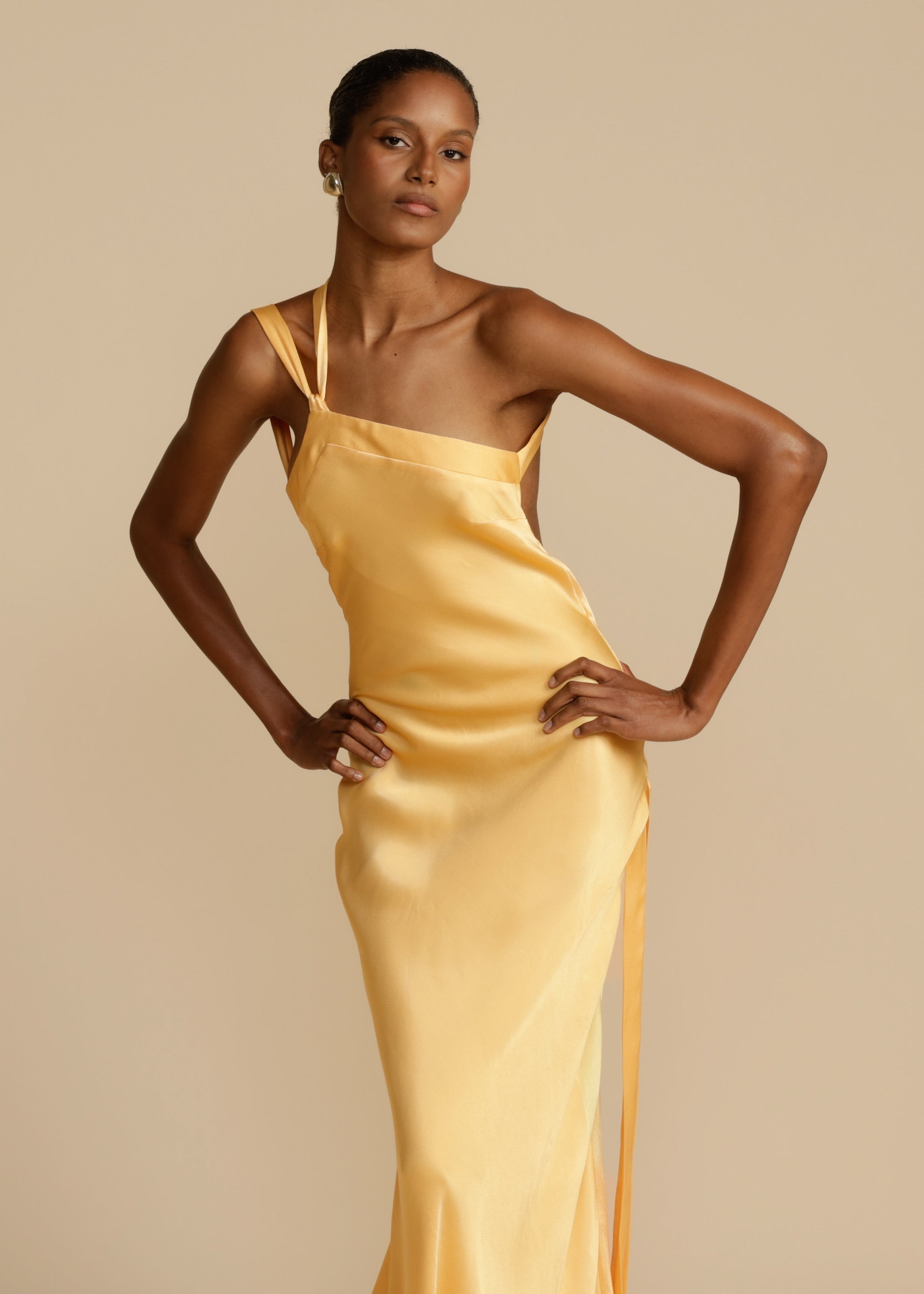 Maxi Dress | Golden One Shoulder Dress With Open Back & Adjustable Strap
