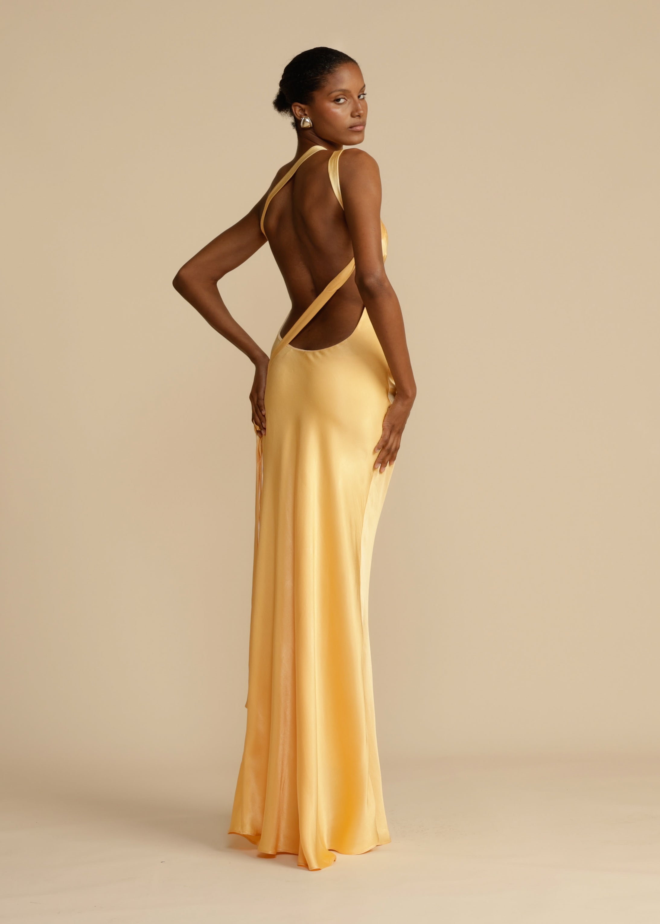 Maxi Dress | Golden One Shoulder Dress With Open Back & Adjustable Strap