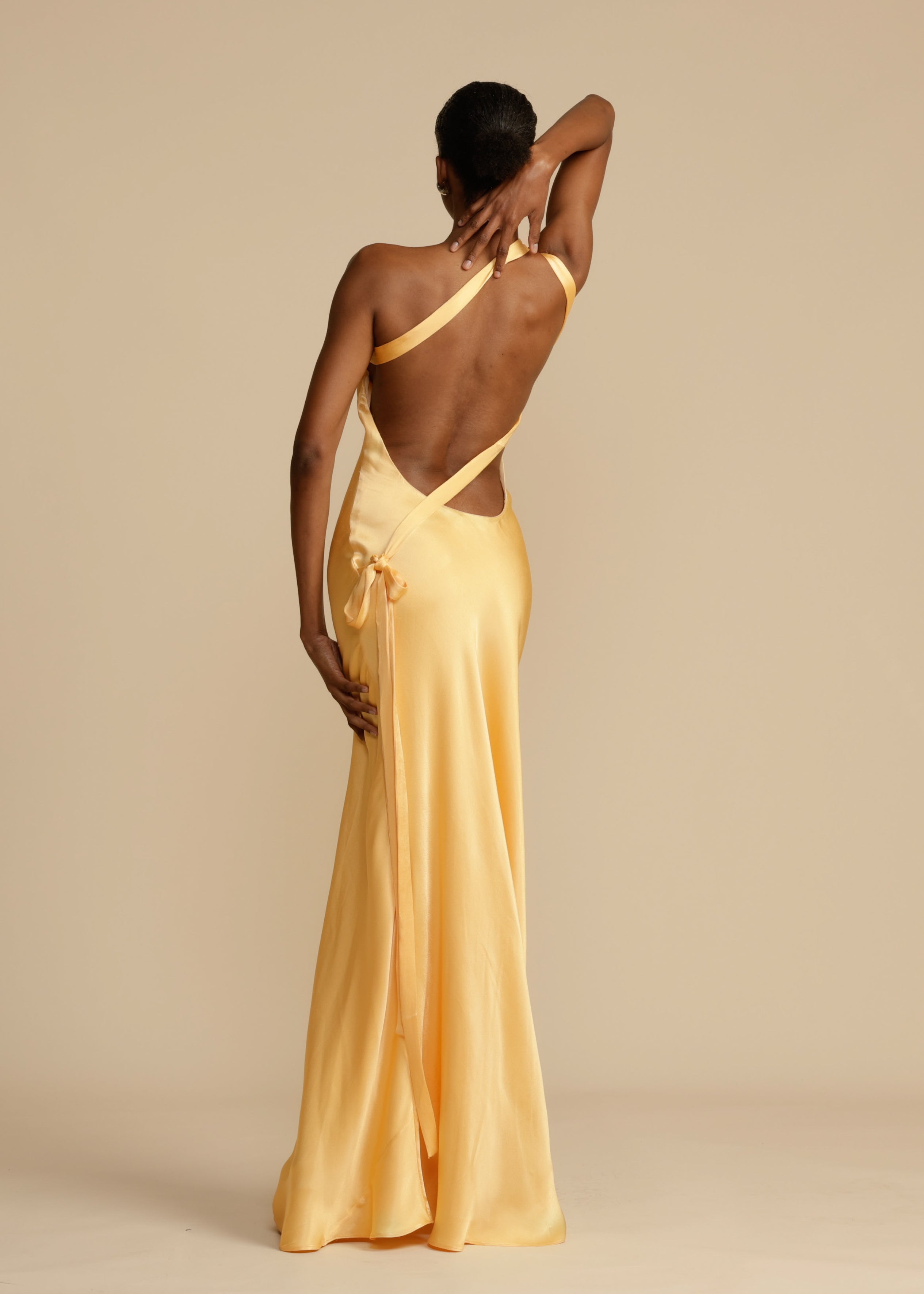 Maxi Dress | Golden One Shoulder Dress With Open Back & Adjustable Strap