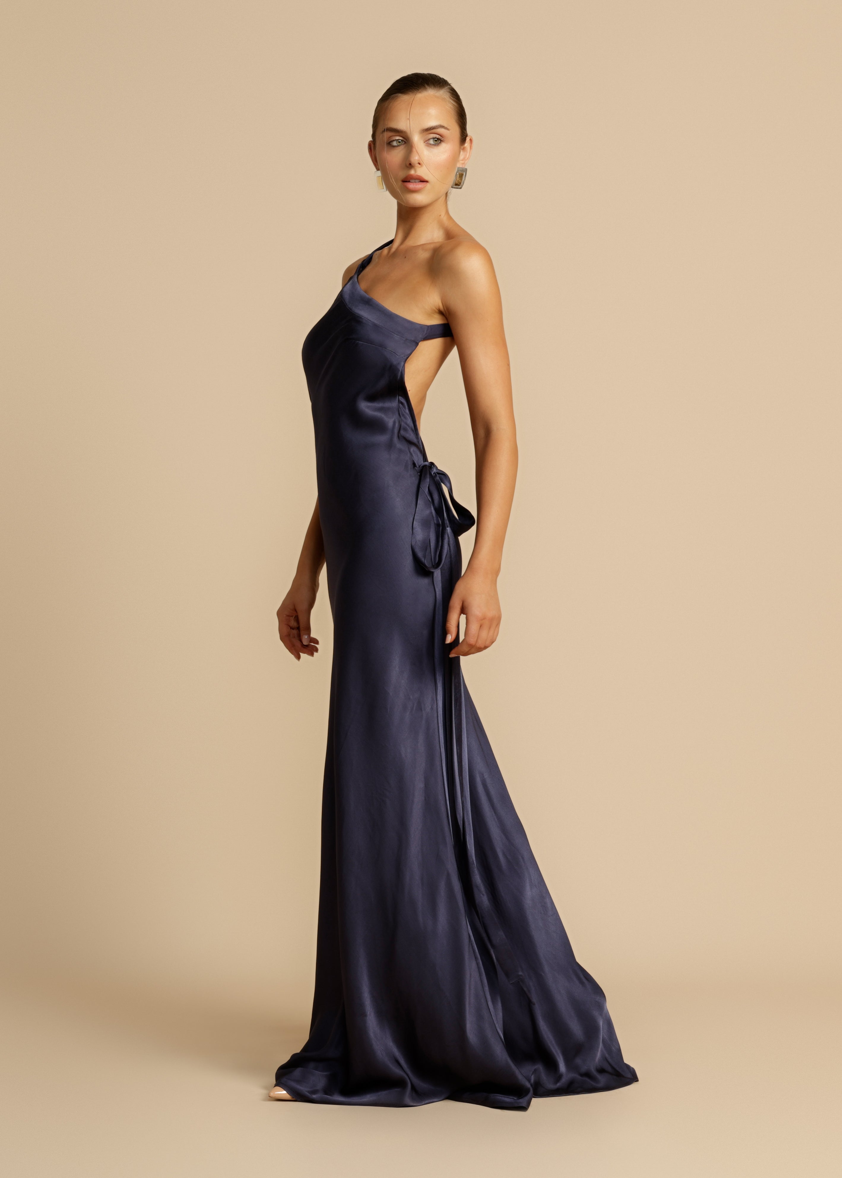 Maxi Dress | Golden One Shoulder Dress With Open Back & Adjustable Strap