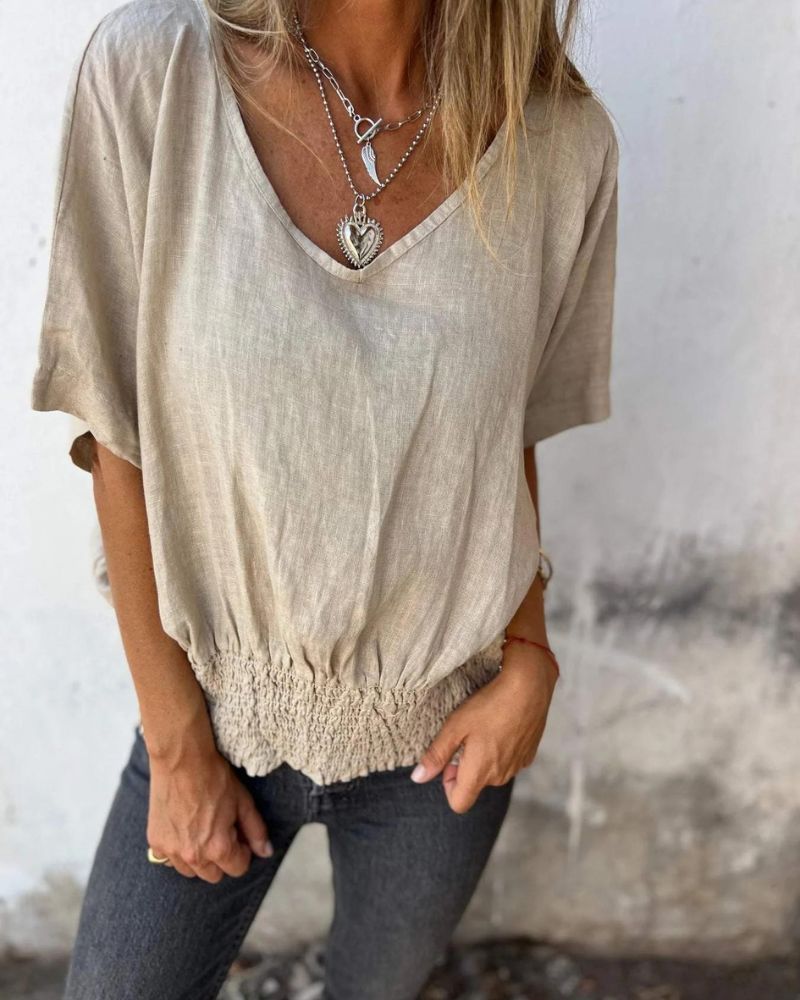 Relaxed Summer Top - Flowy Cotton Blouse With V Neck | Lightweight & Breathable