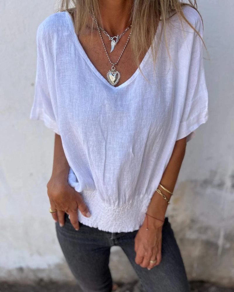 Relaxed Summer Top - Flowy Cotton Blouse With V Neck | Lightweight & Breathable