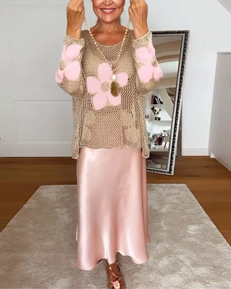 Floral Knit Sweater – Classic Fit Women's Cozy Knitwear With Elegant Floral Design