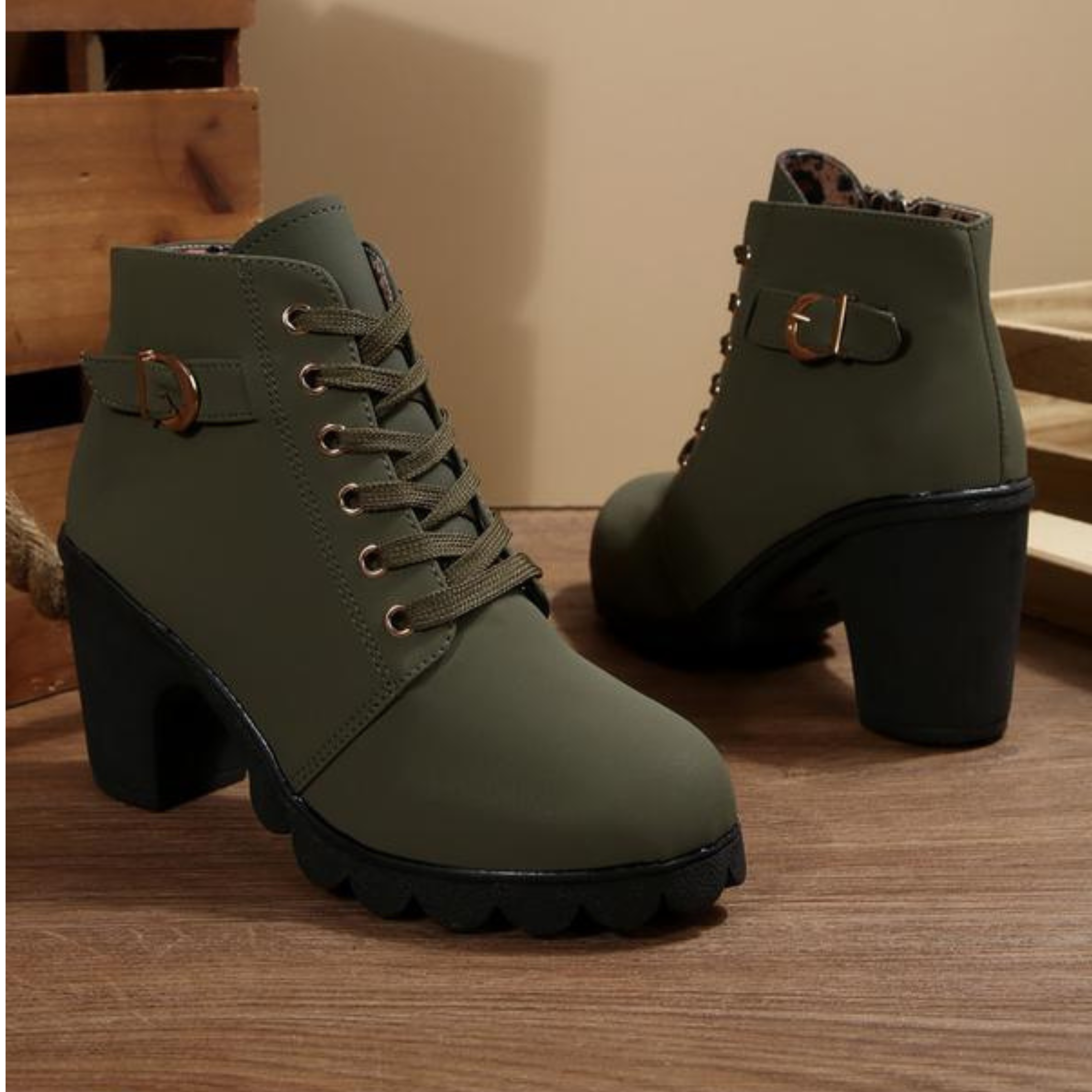 Chunky Ankle Boots | Lace-Up Metal Buckle Stylish Leather Footwear for Women