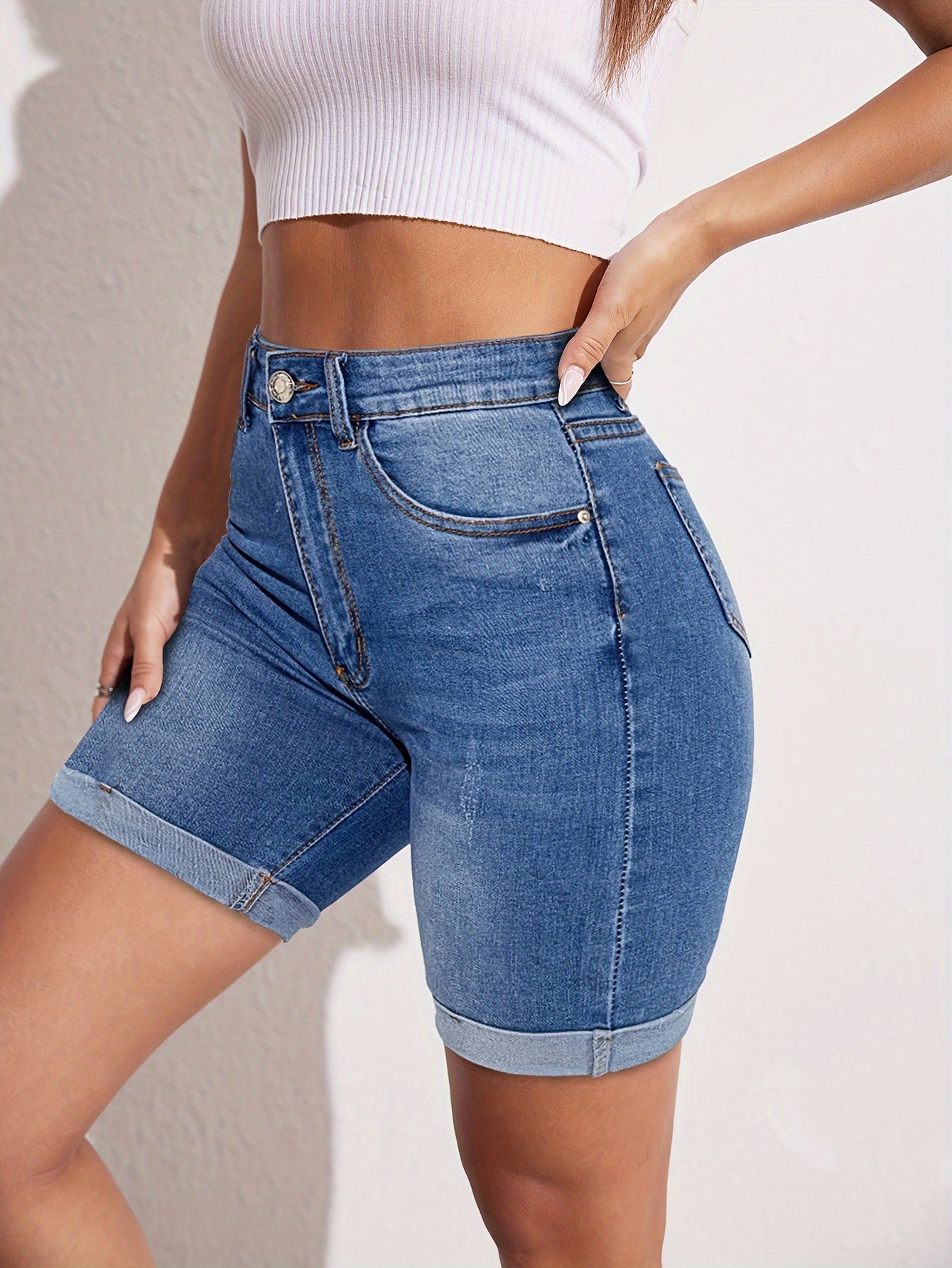 Stretch-Fit Bermuda Shorts - High Waisted Denim Jean Shorts For Women