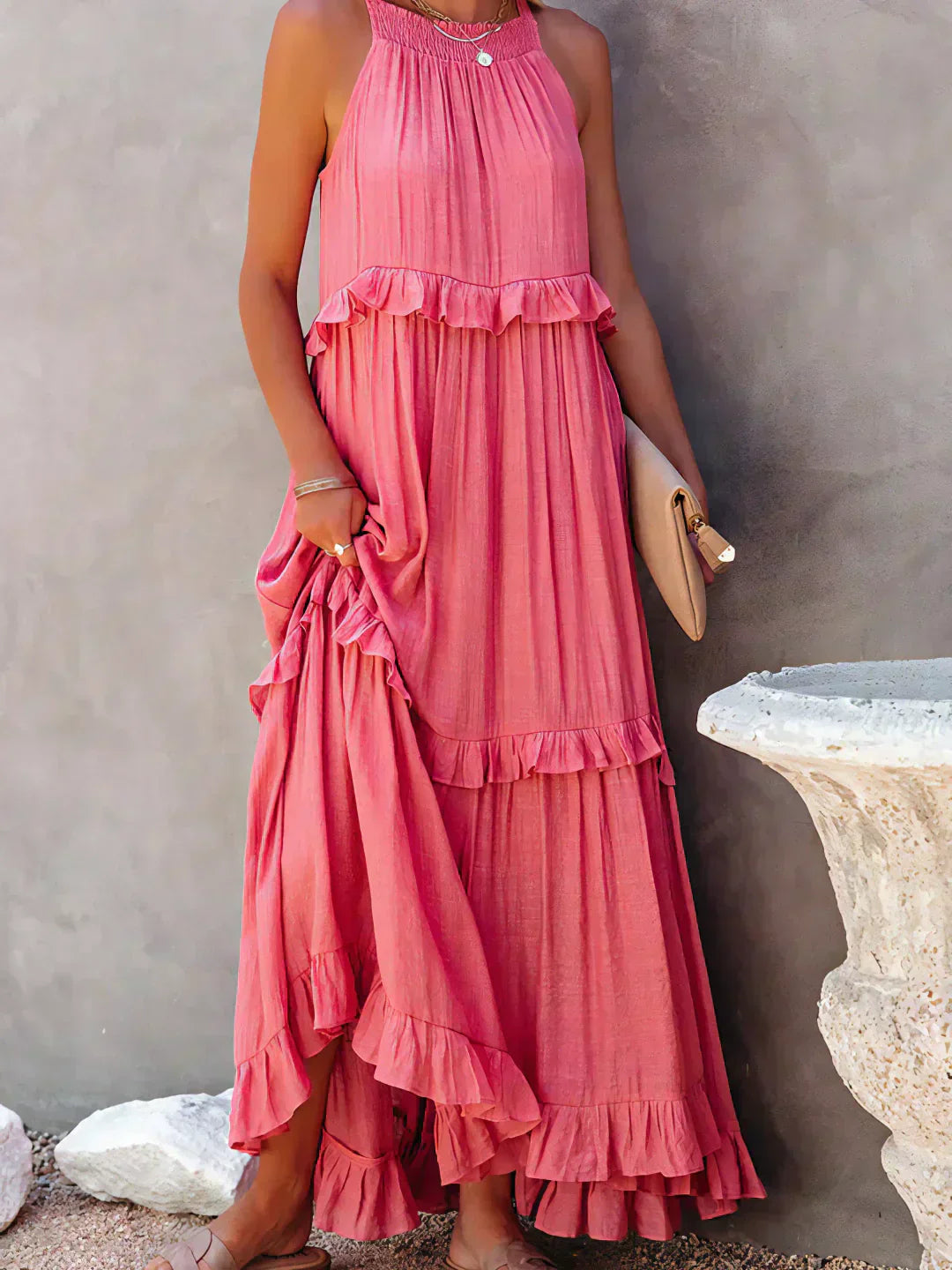 Halter Ruffle Maxi Dress – Elegant Bohemian Flowy Summer Dress With Ruffle Hem