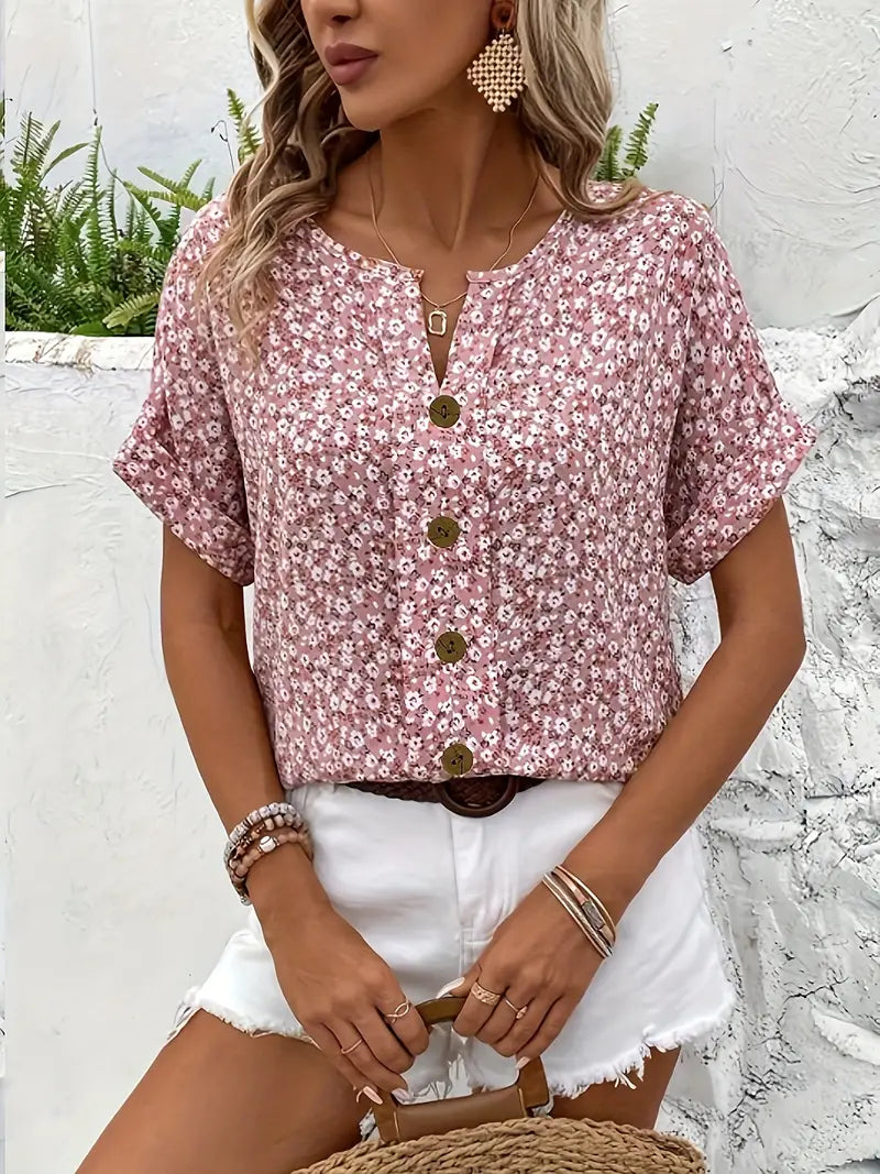 Floral Print Blouse - Notched Collar Top With Comfortable Flexible Fit