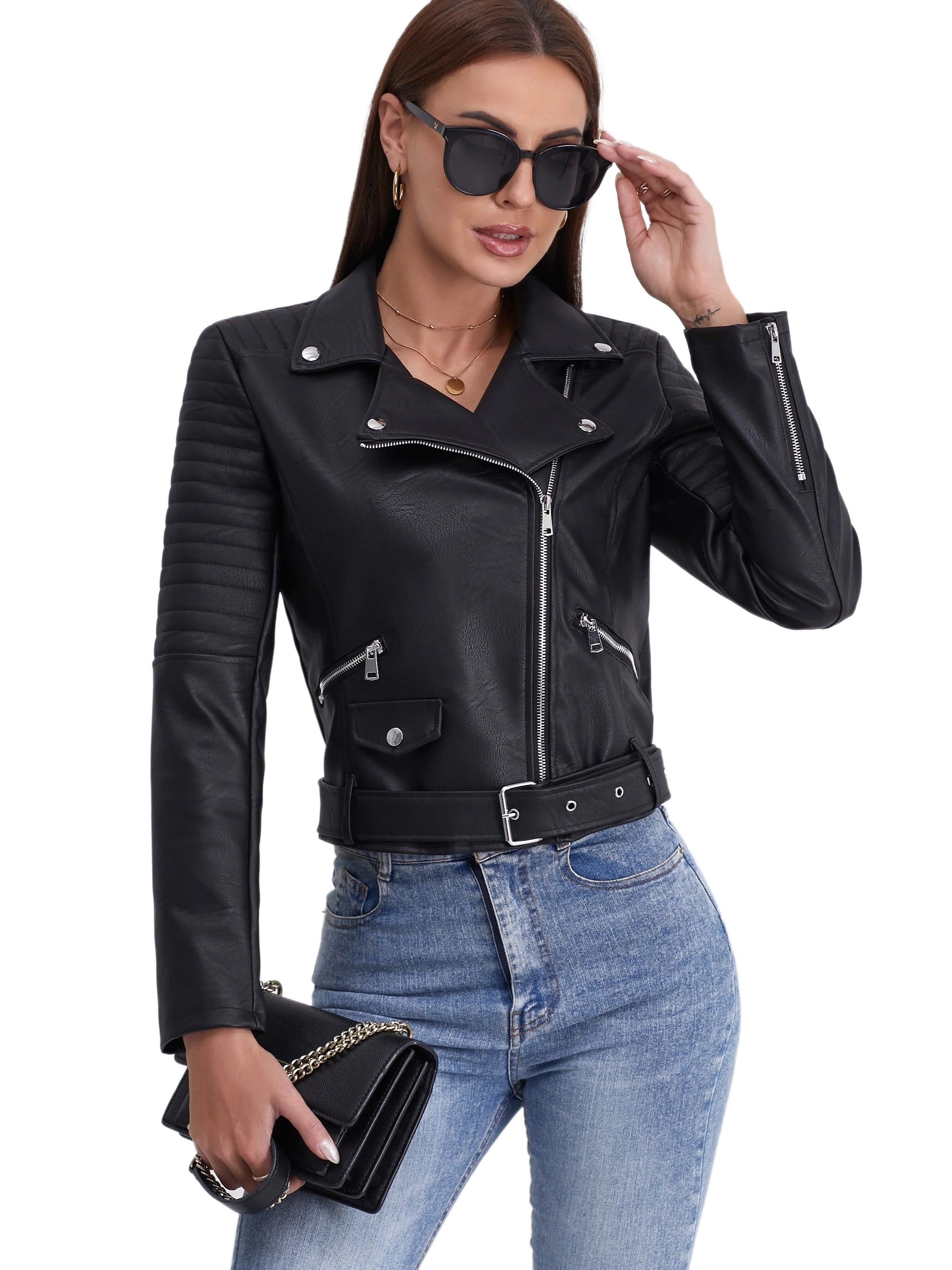 Trendy Biker Jacket – Women's Leather Motorcycle Jacket with Silver Accents