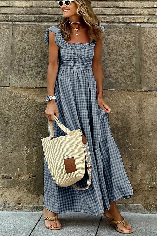 Checkered Maxi Dress - Smocked Bust Flowy Summer Dress with Adjustable Straps