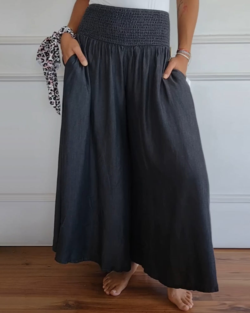 Elastic Waist Pants - MIRA High Waist Wide Leg Lightweight Polyester Trousers