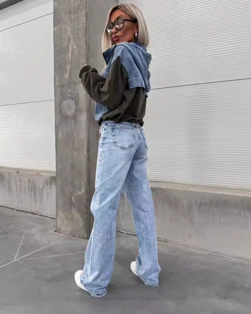 Jeans Sweater Hoodie - Cropped Relaxed Fit With Denim Panel & Adjustable Hem