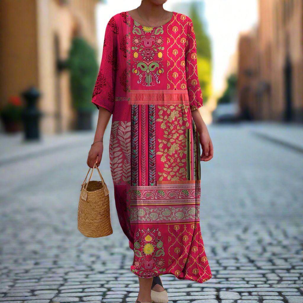 Flowy Ethnic Dress - Lightweight Polyester Maxi Dress With Round Neckline