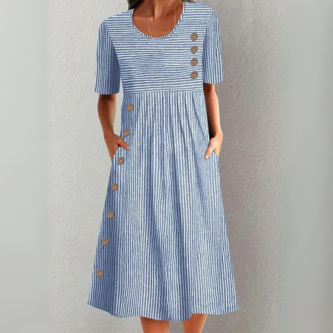 Modern Stripe Midi Dress – Elegant Cotton Blend, Versatile Office & Casual Wear