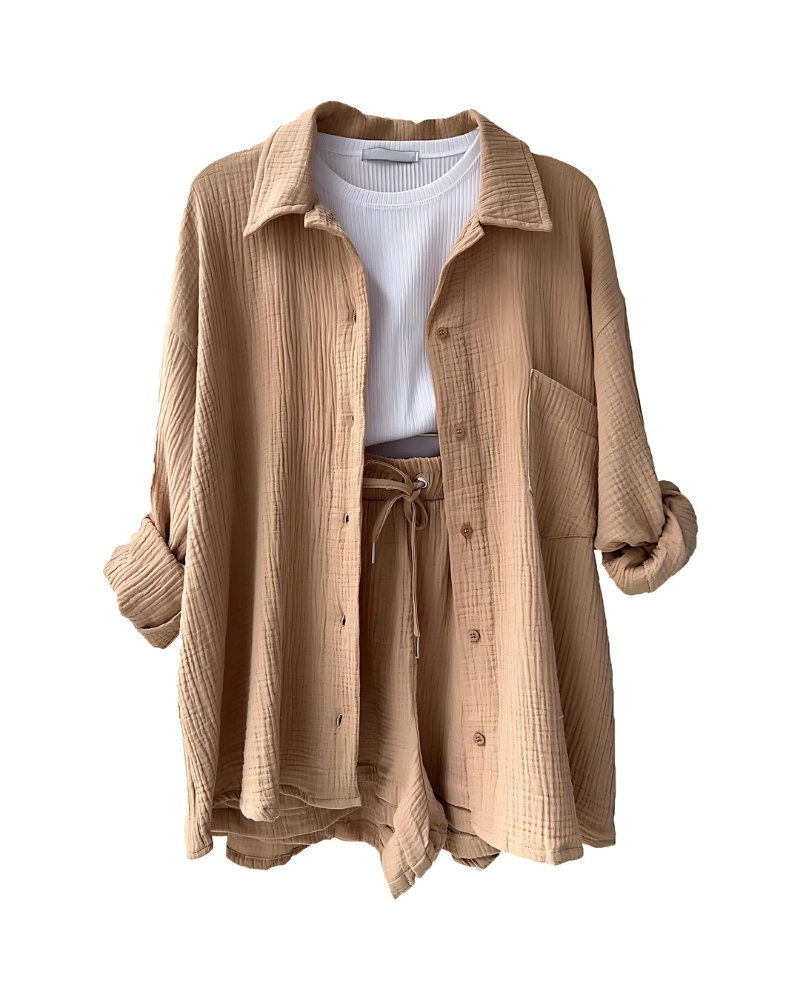 Button-Up Shorts Set – Modern Co-Ord With Lightweight Breathable Fabric & Elastic Waist