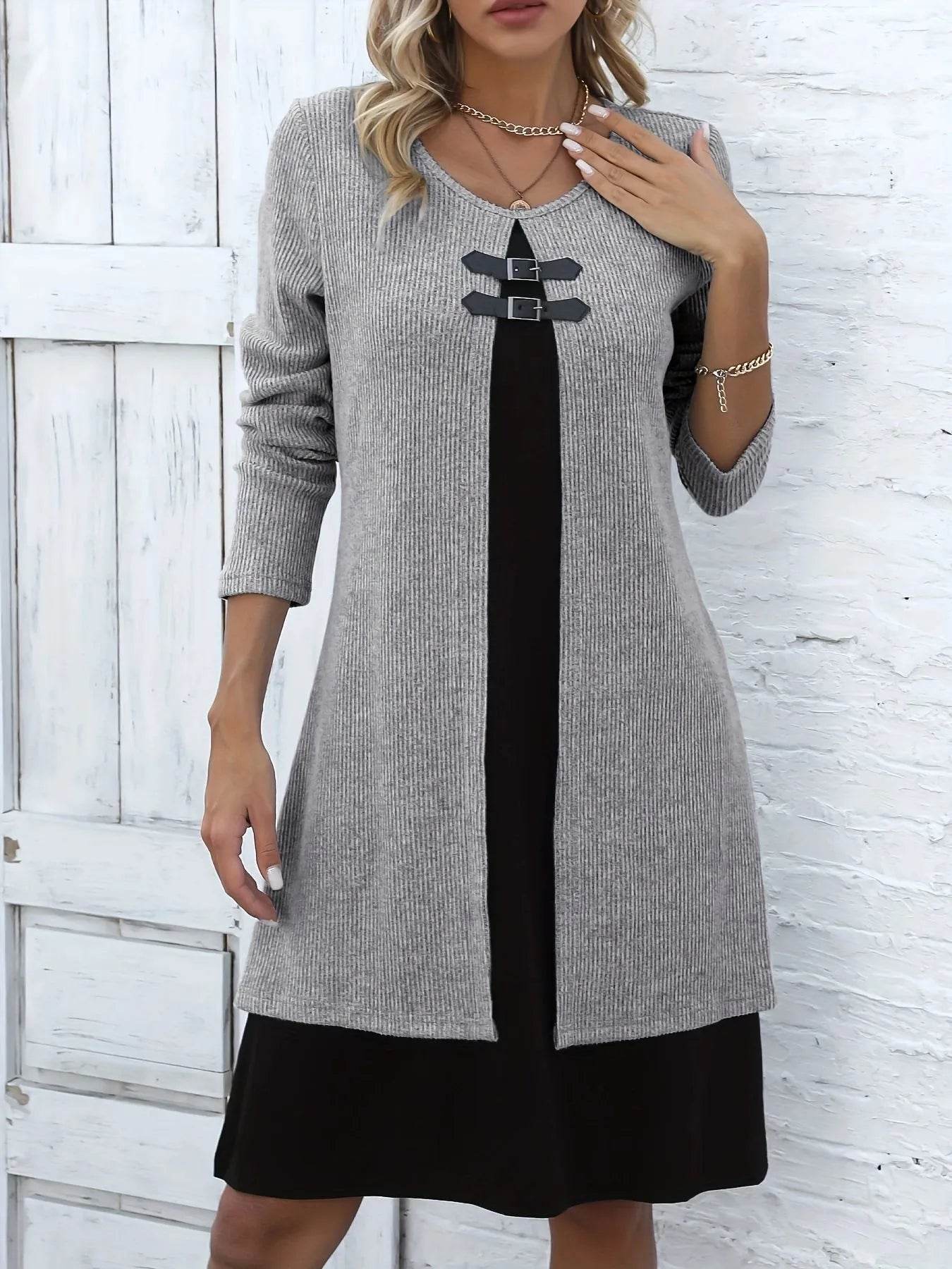Stylish Casual Dress - Two-Tone Long Sleeve Office Wear With Buckle Detail