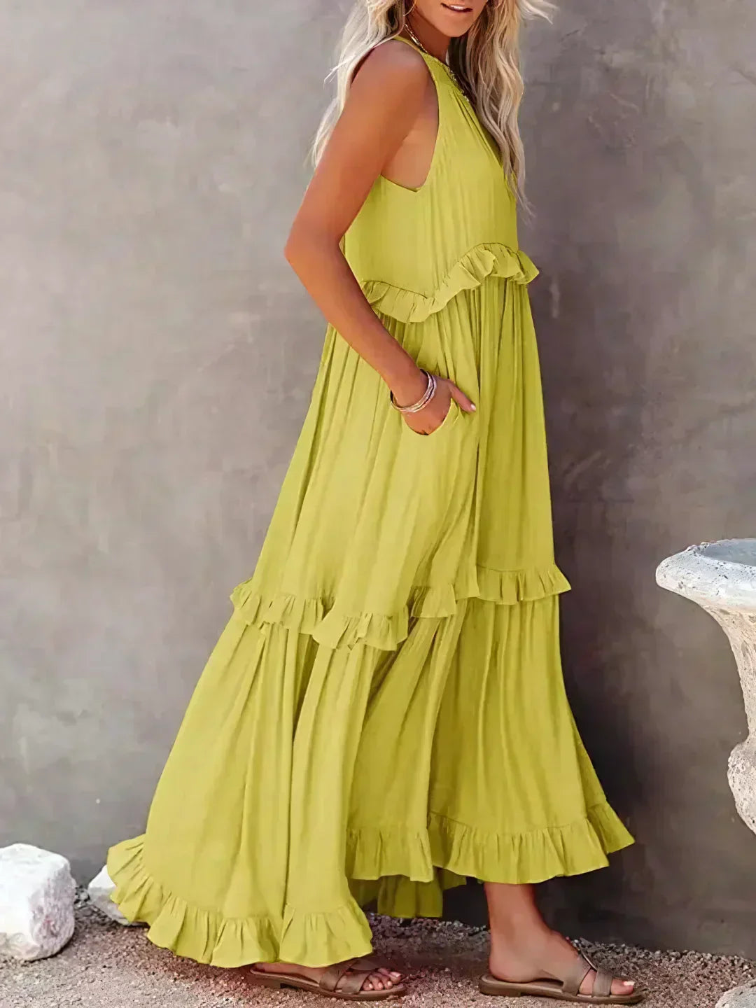 Halter Ruffle Maxi Dress – Elegant Bohemian Flowy Summer Dress With Ruffle Hem