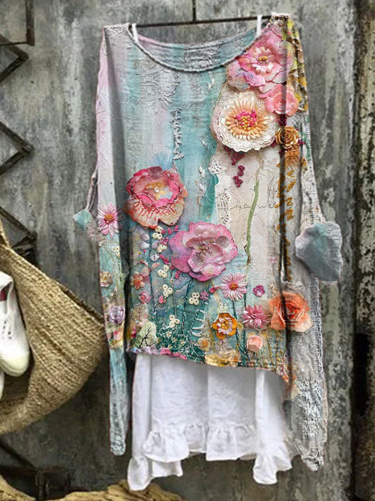 Artistic Print Top - Flowy Blouse with Colorful Floral, Relaxed Fit & Breezy Silhouette