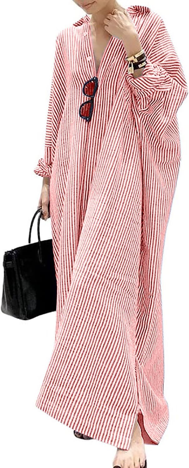Long Sleeve Shirt Dress – Classic Stripe Pattern | Button Front, Relaxed Fit Dress