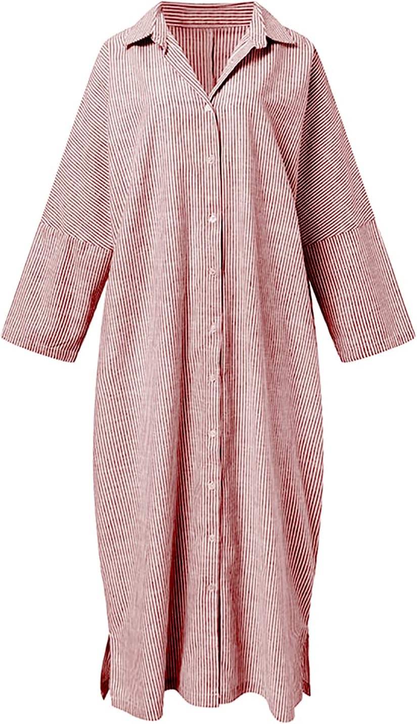 Long Sleeve Shirt Dress – Classic Stripe Pattern | Button Front, Relaxed Fit Dress