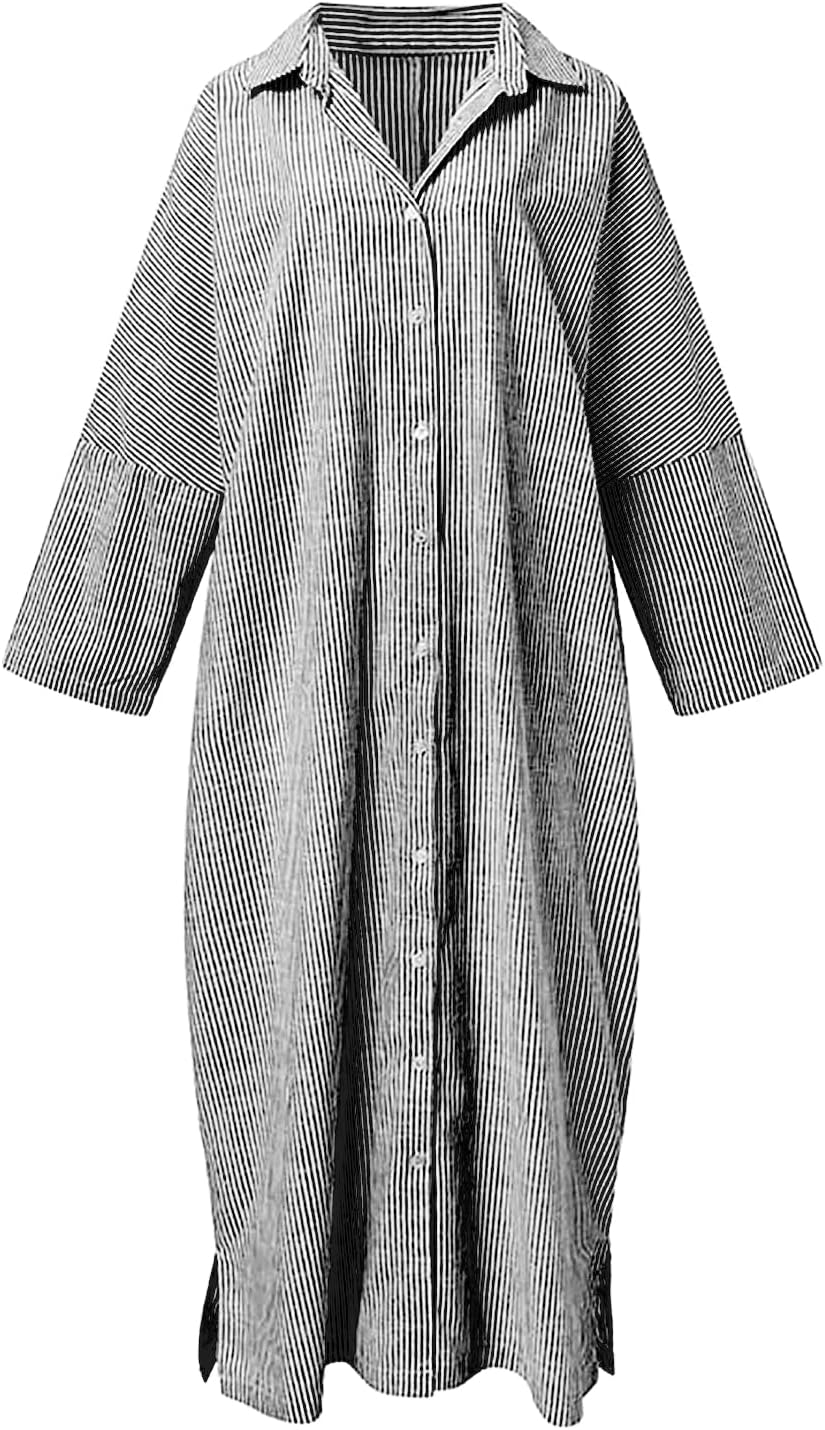 Long Sleeve Shirt Dress – Classic Stripe Pattern | Button Front, Relaxed Fit Dress