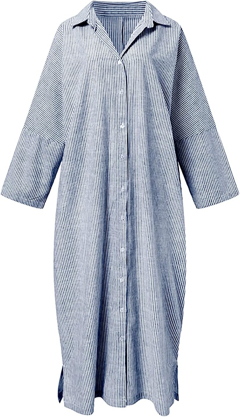 Long Sleeve Shirt Dress – Classic Stripe Pattern | Button Front, Relaxed Fit Dress
