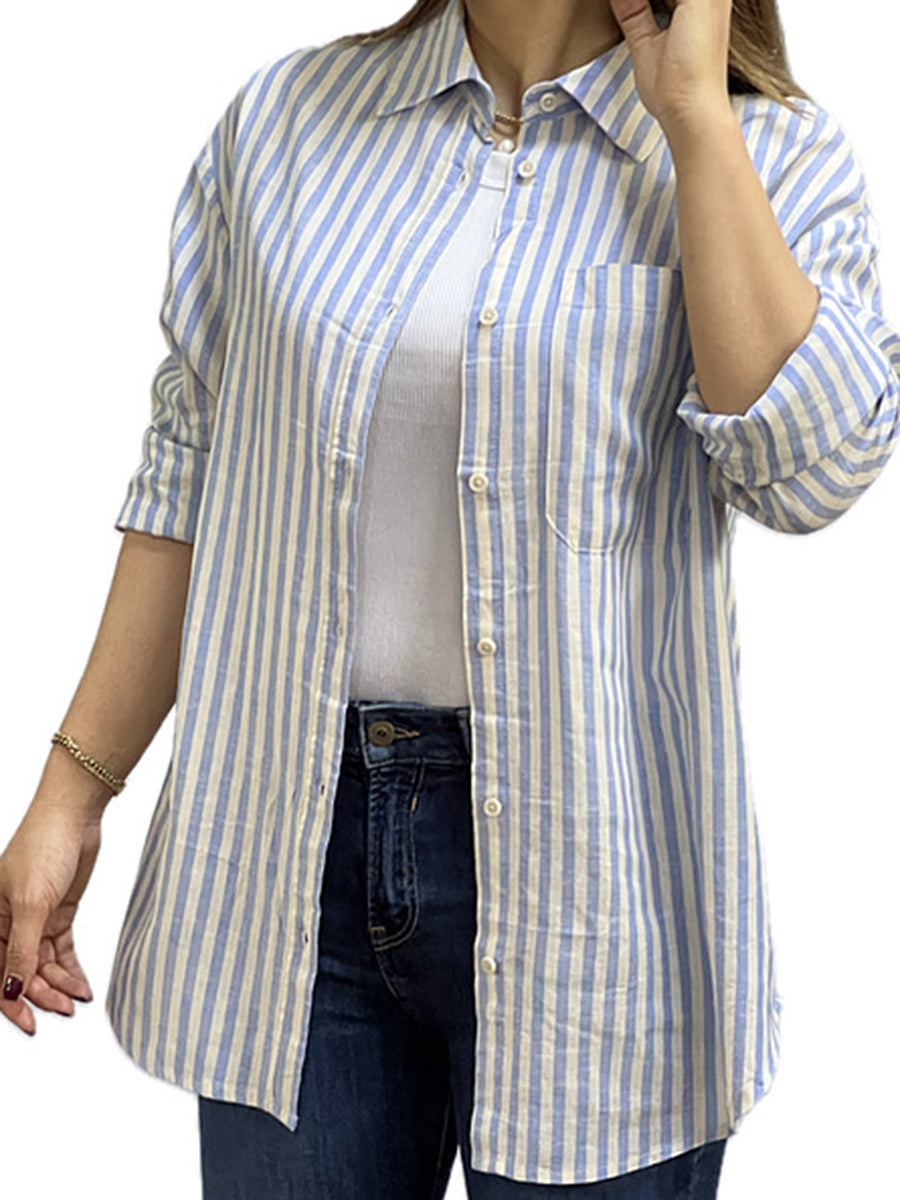 Striped Linen Shirt - Women's Soft Breathable Relaxed Fit Blouse for Summer