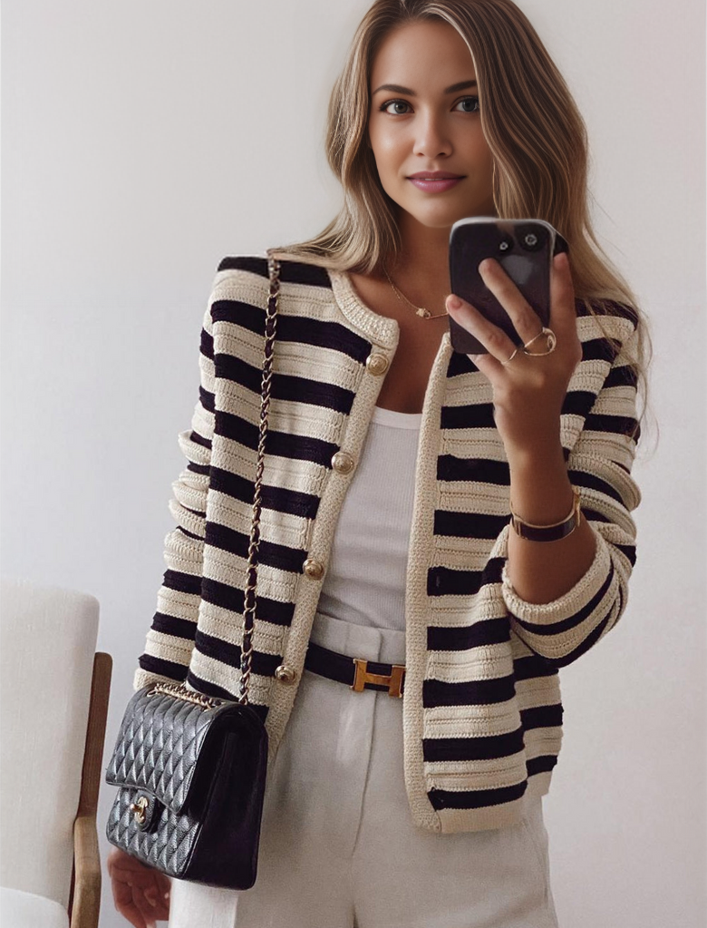 Elegant Striped Cardigan – Women's Cozy Button Closure Knitwear Sweater