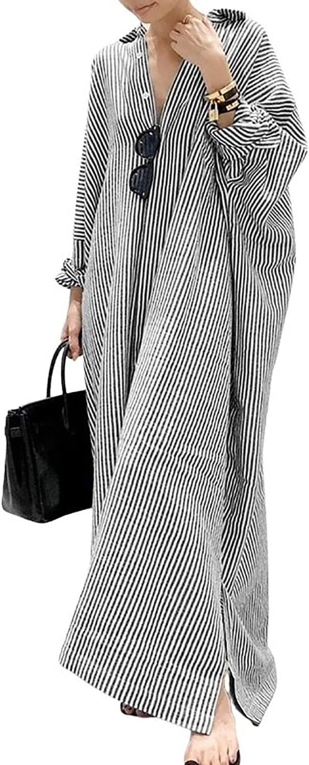 Long Sleeve Shirt Dress – Classic Stripe Pattern | Button Front, Relaxed Fit Dress