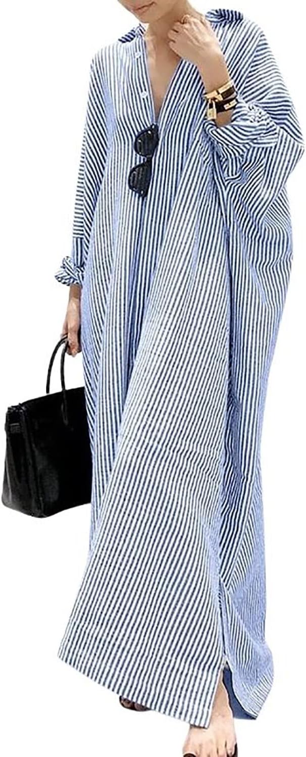 Long Sleeve Shirt Dress – Classic Stripe Pattern | Button Front, Relaxed Fit Dress