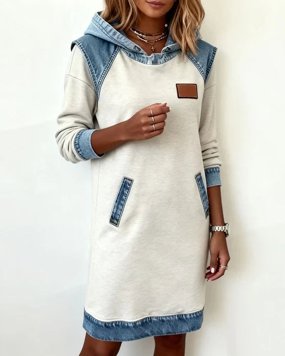 Casual Hooded Dress – Two Tone Cotton Blend, Straight Fit Pocketed Style