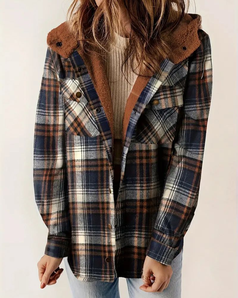 Checkered Sherpa Jacket - Soft Fleece Lined Classic Winter Coat for Women