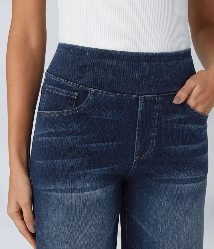 Relaxed Fit Jeans - High Waist Wide-Leg Pull On Comfortable Stretch Denim Pants