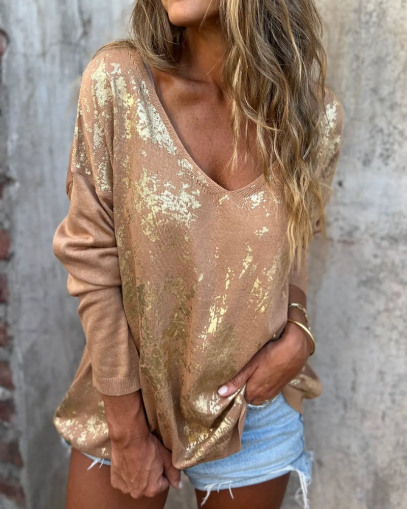 Casual Knitted Top – Lightweight Summer Knit With Gold Accent Knitwear Blouse