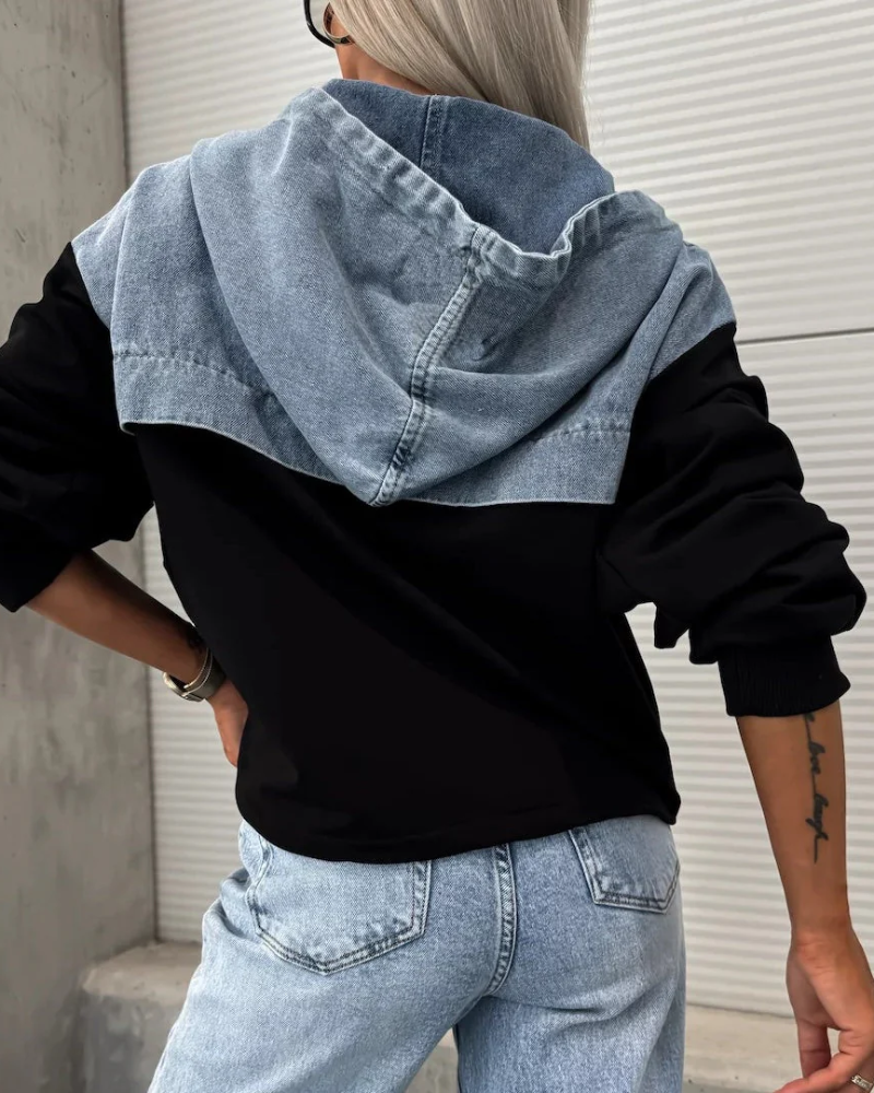 Jeans Sweater Hoodie - Cropped Relaxed Fit With Denim Panel & Adjustable Hem