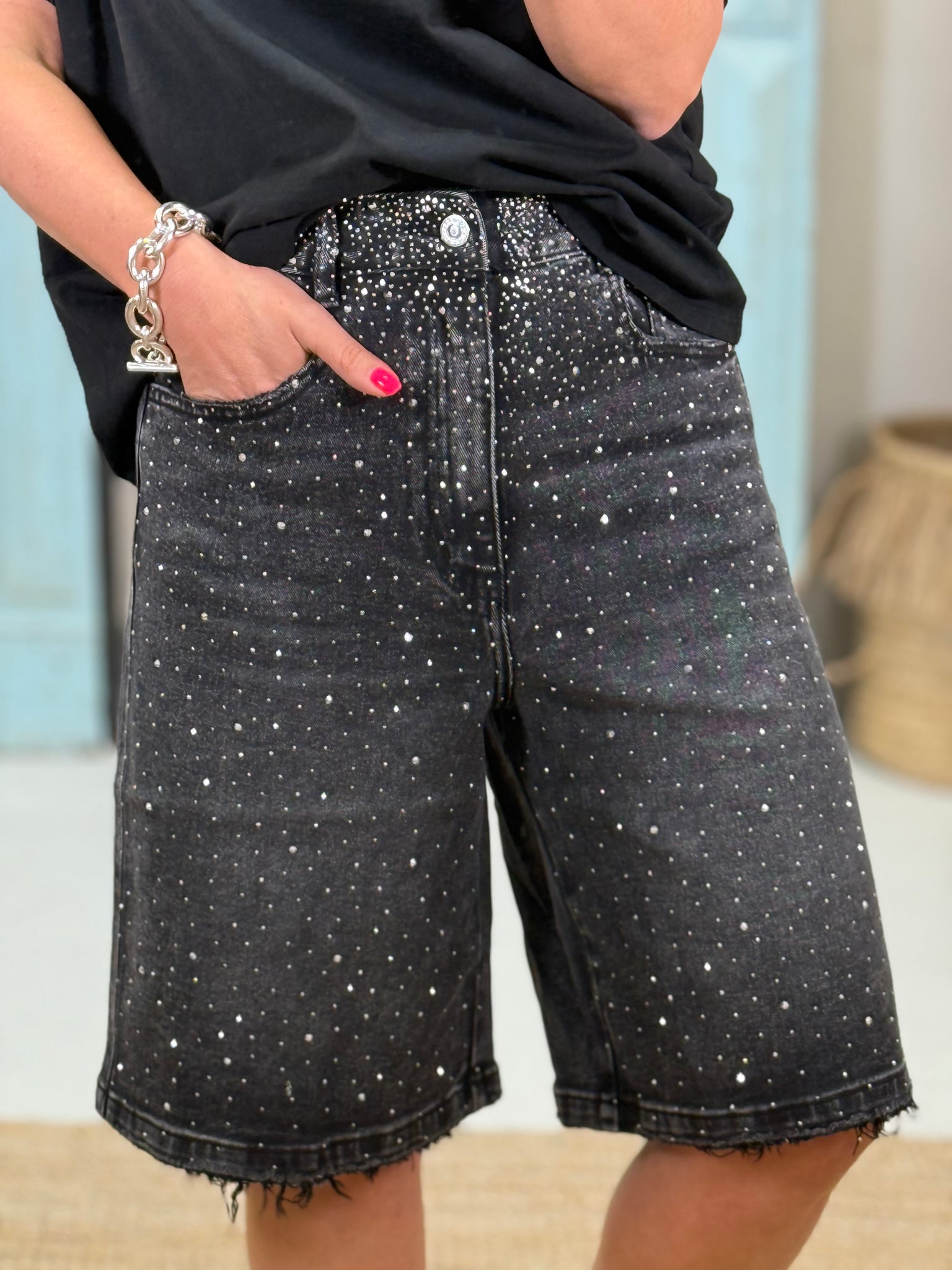 Sparkling Denim Shorts – Rhinestone Embellished Bermuda Length Casual Summer Wear