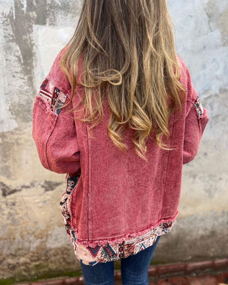 Denim Patchwork Jacket – Casual Button Down Coat With Durable Fabric